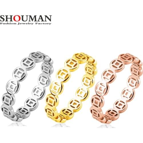 SHOUMAN Rose Gold Color Cute Coin Tail Ring for Woman Girl Gift 316L Stainless Steel Jewelry High Polish Prevent Allergy