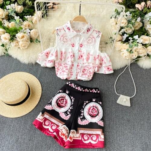 Retro Fashion Suit Printed Off-shoulder Ruffled Short-sleeved Shirt High-waisted Short Skirt Two-piece Suit GK108