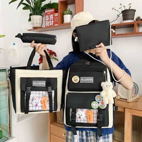 4-piece Set Fashion Backbags For Women Canvas Waterproof Schoolbag For Girls Large Capacity Travel Backpacks