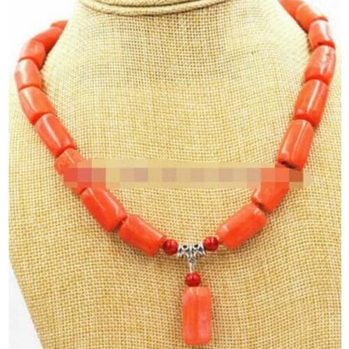 Charming!Amazing Orange Cylinder Coral Gemstone Necklace 18"