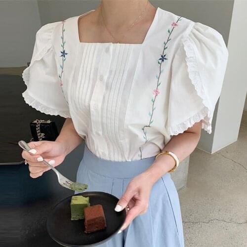 Pleated Embroidery Pattern Shirt Top