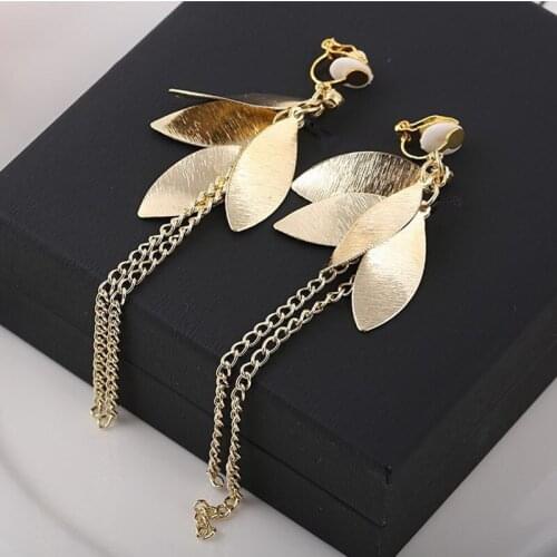 JIOFREE Gold Silver Color Clip on Earrings Non Piercing for Women Costume Accessories Jewelry Hollow Leaf Shape Long Earring
