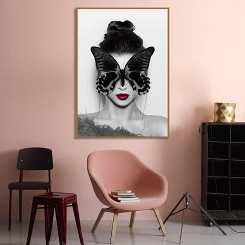 Nordic Modern Black Butterfly On The Girls Face Fashion Canvas Art For Living Room Unique Gift Abstract Pretty Goth Girl Poster
