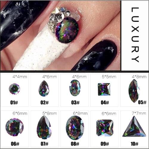 10pcs Black-Colorful AB Color Grade AAA True Zircon Pointed Back Rhinestone for Nails 3D Nail Art Decoration Glitter Crystal