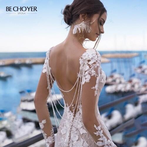 Wedding Dress Long Sleeve Lace Mermaid Appliques Beaded Backless Vestido de Noiva 2020 Light Princess BECHOYER N162 Bride Gown