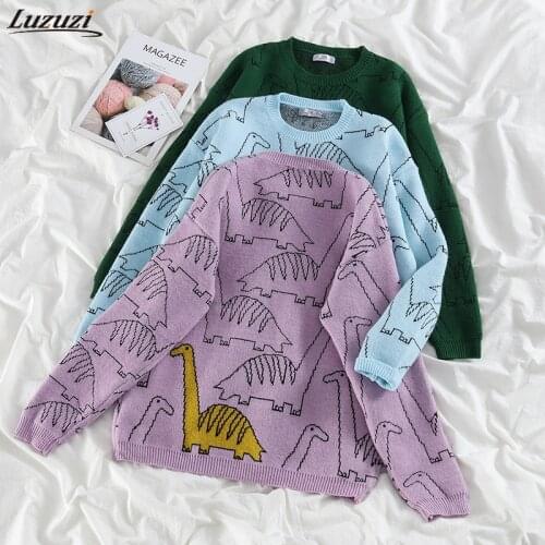 Luzuzi Japanese Style Vintage Cartoon Women Sweaters Korean O Neck Long Sleeve Harajuku Pullovers Preppy Style Sueter Mujer