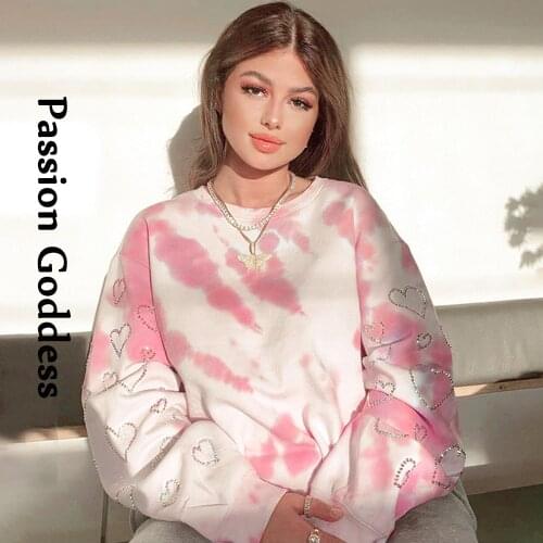 Sweet Women Heart-shaped Rhinestone Sweatshirts Cute Pink Fleece Sweatshirt Long Sleeve Oversized Pullover Hoody Crewneck Tops