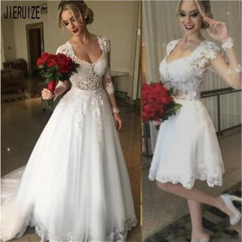 JIERUIZE Vintage Illusion Lace Wedding Dresses Sexy V Neck Long Sleeve Button Back Appliques Bridal Gowns With Detachable Train