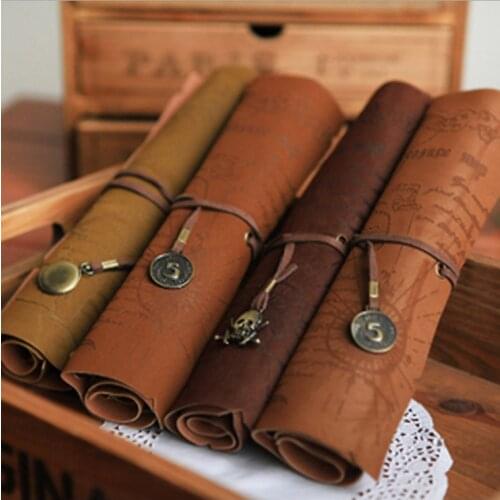 Vintage Retro Treasure Map Pencil Cases Luxury Roll Leather PU Pen Bag Pouch For Stationery School Supplies Make Up Cosmetic Bag