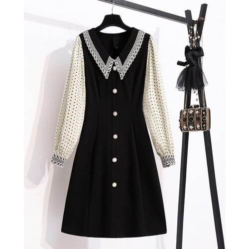 M-5XL elegant vintage long Sleeve Patchwork autumn dresses 2021 fashion lace V collar button dot plus size women dress vestido