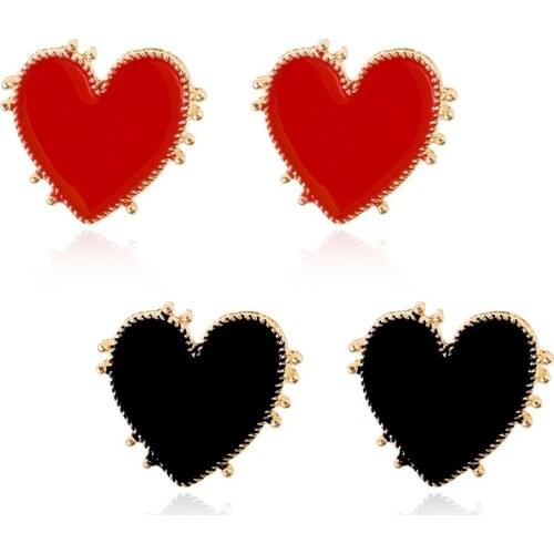 Big Enamel Heart Stud Earrings for Women Black Oil Gold Street Trendy Jewelry Statement Love Stud Earring Gifts for Girlfriends