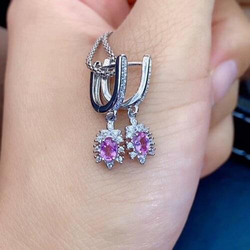 Grace Simplicity round natural pink sapphire drop earrings Natural gemstone earrings 925 silver female party jewelry