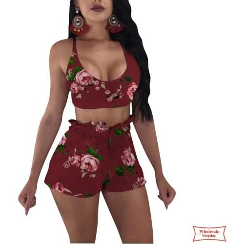 Sexy Crop Tops Floral Print Spaghetti Strap 2 Piece Set Women Elegant Women Suits Summer Women Tracksuit Two Pieces Sets