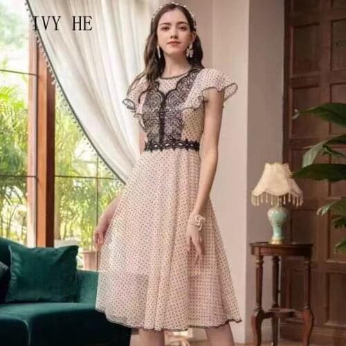 IVY HE High Quality Summer Dress Woman Clothing Vintage Mesh Lace Sleeves O Neck Dot Midi Long Dress Traf Robe ZA Party Dresses