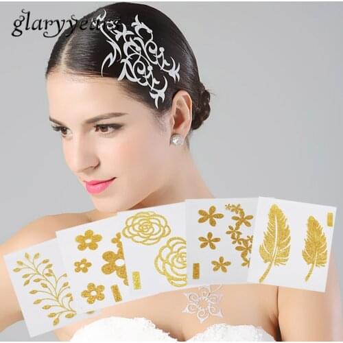 1 Sheet Chic Flash Hair Tattoo Metallic Gold Flower Pattern Tattoo Sticker HG Series Women Body Art Non-toxic Glitter Tattoo New