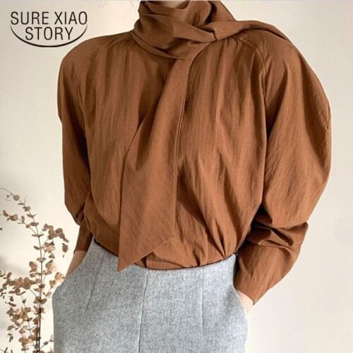 2021 Spring Long Sleeve Solid Women Blouse New Fashion Women Shirt Puff Sleeve Stand Collar Female Clothing Blusas with Bowtie