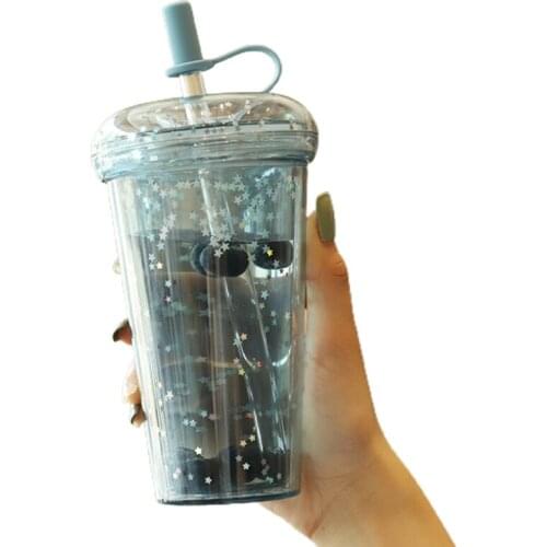 2021 420ml Reusable Sparkling Glitter Cup with Lid Straw Transparent Sequins Water Bottle Cute Plastic Double Layers Drink Tea