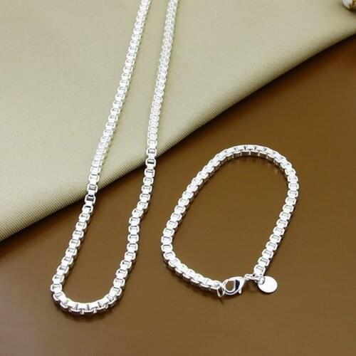 925 Sterling Silver 4mm Round Box Chain Bracelet Necklace Set For Engagement Party Wedding Female Jewelry