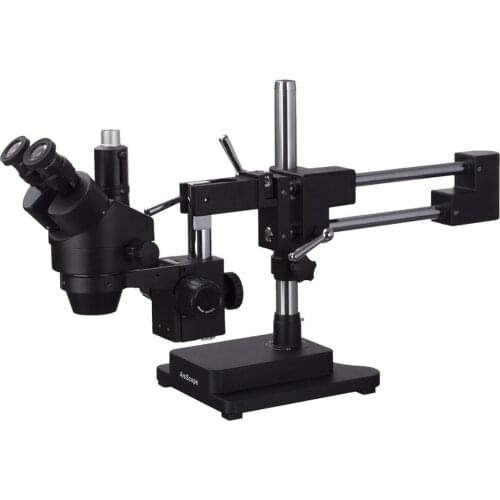 AmScope 3.5X-90X Black Simul-Focal Trinocular Stereo Zoom Microscope with Double Arm Boom Stand