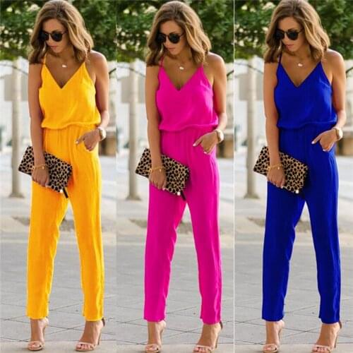 Fashion Ladies Solid Color Bodysuit Wide Leg Loose Long Pants Trousers Summer Women Holiday Casual Sleeveless Jumpsuits