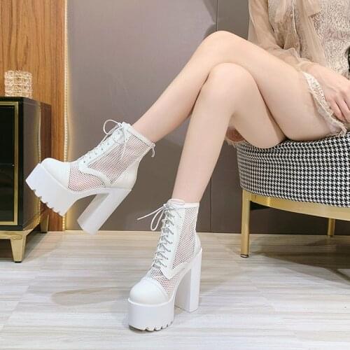 Summer Ankle Boots For Women High Heel Shoes Model Party Lace Up Wedding Shoes For Women Bride White Rubber Sole