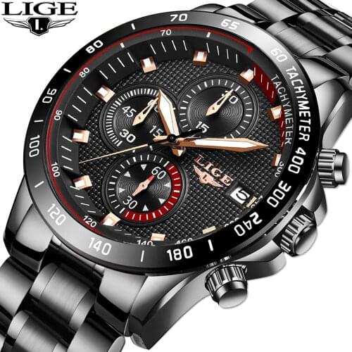 LIGE New Classic Black Mens Watches All Steel Waterproof Watch Men Fashion Quartz Watch Men business Date Clock Relojes Hombre