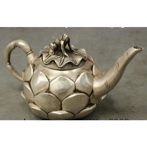 Decoration BRASS factory outlets Tibet Silver Tibetan Buddhism Silver Auspicious Lotus Flower Toad Statue Teapot Wine Pot