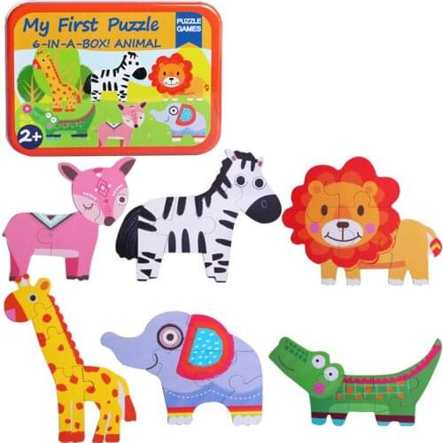 Childrens Puzzle Toy Wooden Tin Box Set Cartoon Animal Ocean Traffic Early Education Parent-child Interactive Jigsaw Jigsaw Toy