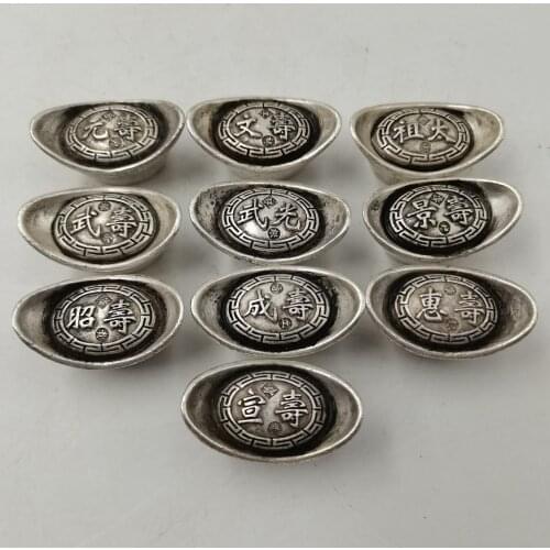 Collection Chinese Archaize Big Han Ten Emperors White Copper Silver Plated 2 Two Ingots Statue Decoration