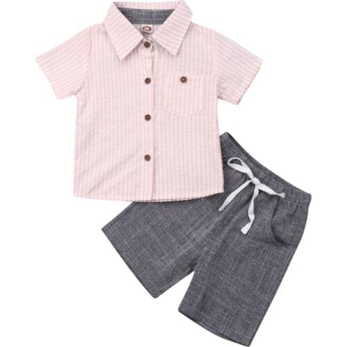 2019 Baby Boys Striped Clothes Set Summer Toddler Kids Outfit Button Shirt+Shorts Children Clothing Set 2pcs 1-5T