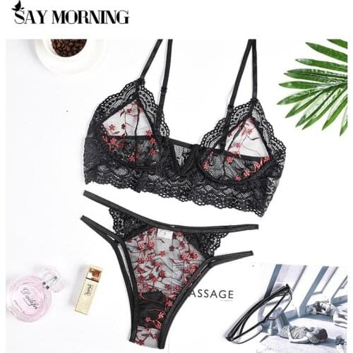 SAY MORNING New Lingerie Set Embroidered Floral Lace Underwear Set V-neck Bra and Sexy Underpants Lace Bralette Sleepwear Set