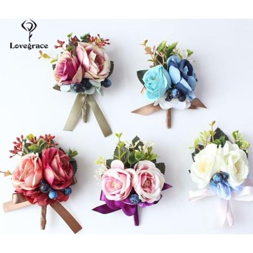 Lovegrace Corsage Groom Boutonniere Pin Bride Wrist Corsage Burgundy Blue Silk Rose Bracelet Men Prom Wedding Flower Accessories