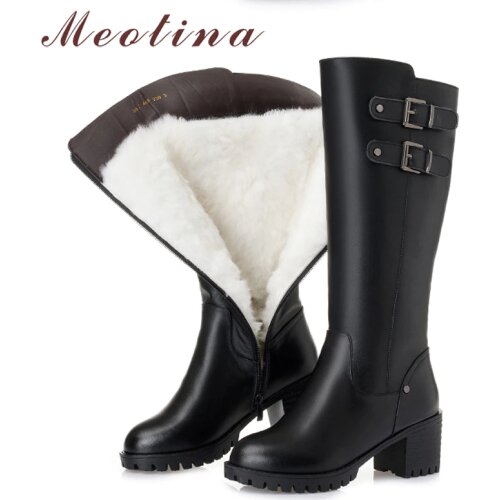 Meotina Real Wool Fur Natural Leather Platform High Heel Knee High Boots Women Shoes Zip Buckle Thick Heels Long Boots Lady 43
