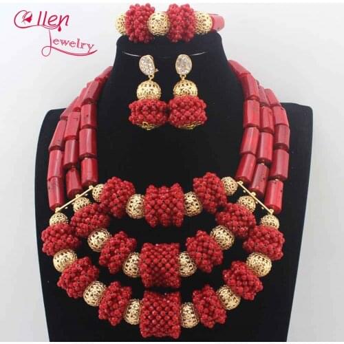 Trendy New Red Coral Necklace Wedding Jewelry Set African Natural Red Coral Beads Jewelry Set For Women Gift Free Shipping N0080