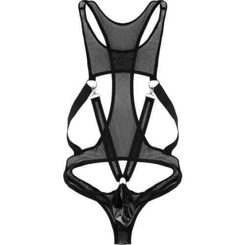 Men See-through Sprang Singlet Bodysuit Patent Leather Bulge Pouch Leotard Frenulum One-piece Suit O-ring for Stage Performance