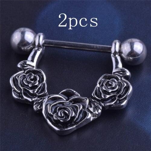 2pcs Black Rose Flower Nipple Piercing 14G Stainless Steel Nipple Rings For Women Men Sexy Piercings Body Jewelry Ladies