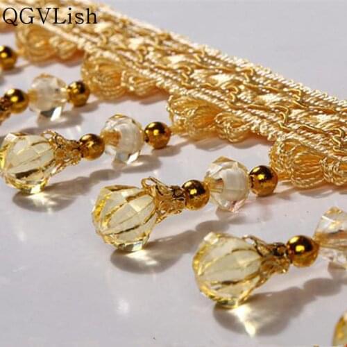 QGVLish 12M/lot Crystal Beads Curtain Tassel Lace Trim DIY Sew Sofa Tablecloth Curtain Fabrics Curtain Accessories Lace Ribbon