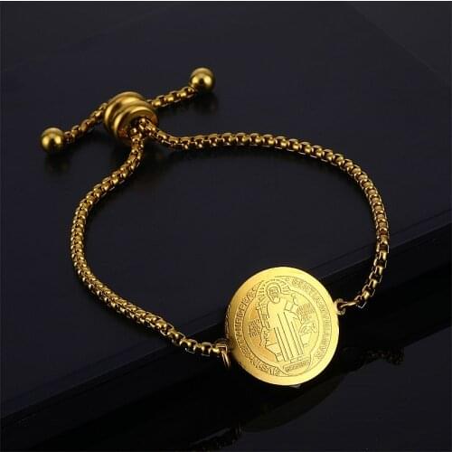 Religious Gold Jesus Bracelet Bangle Women Stainless Steel San Benito Cross Charm Bracelets Bangles for Christian Jewelry Gift