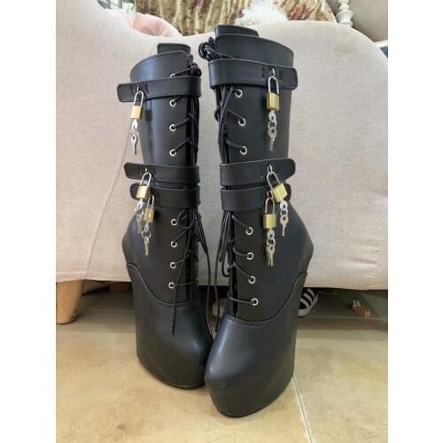 18cm Black Pu Leather Mid-calf Boots Women Heelless Hoof Horseshoe Heels Platform Boots Pole Dance Sexy Shoes Pumps Botas Mujer