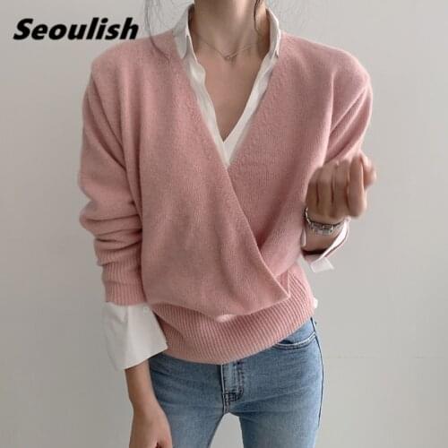 Seoulish 2021 New Autumn Winter Front Cross Womens Pullovers Long Sleeve Loose Sweaters Female Off Shoulder Knitting Sexy Tops