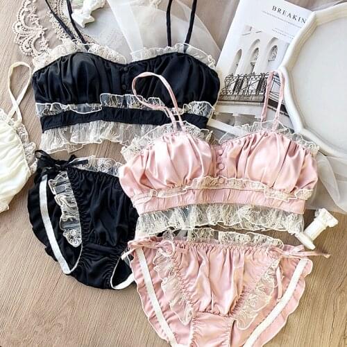 Wriufred Vintage satin lace wire free bandeau bra set private house sexy fairy lingerie sets nightwear cotton cup underwear