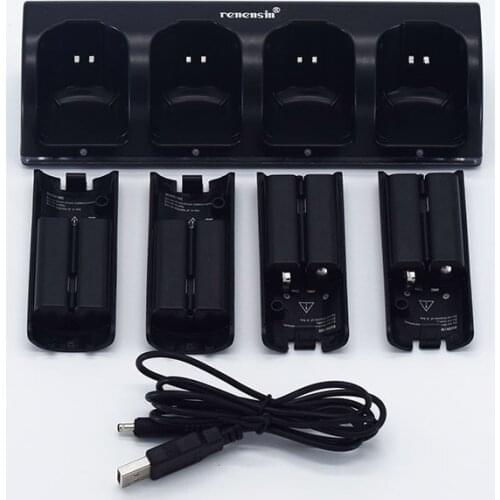 Renensin Black 4x Rechargeable Battery + Quad 4 Charger Dock Station Kit for Wii Remote Controller charger High quality