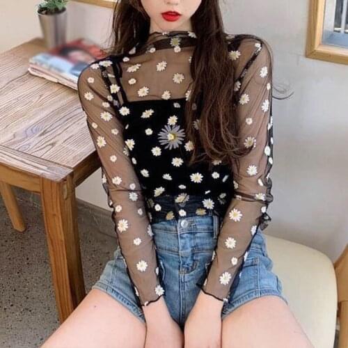 2021 New Arrival Summer Daisy Flower Print Mesh T Shirt Women Korean Long Sleeve Fishnet T Shirt Tops Fashion Sunscreen Tee