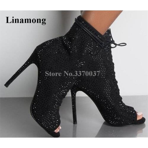 Women Charming Bling Bling Peep Toe Black Rhinestone Thin Heel Short Boots Lace-up Crystal High Heel Ankle Boots Party Shoes