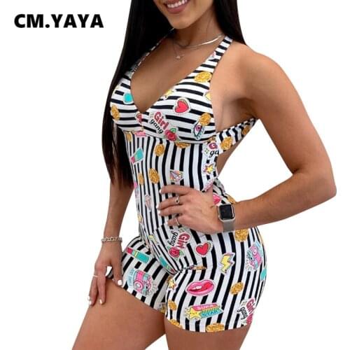CM.YAYA Women Playsuit Striped Print Sleeveless Strap V-neck Backless Bodycon Playsuits Sexy Rompers One Piece Overalls Summer