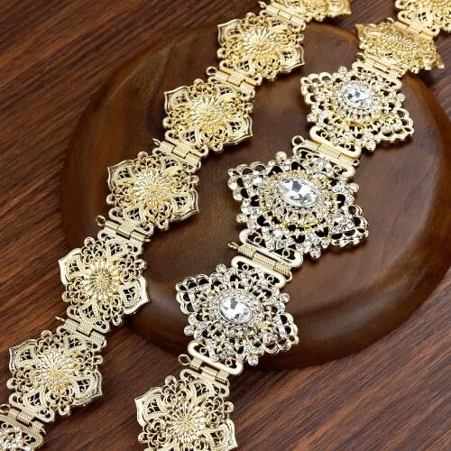 Sunspicems Gold Color Crystal Wedding Jewelry Algeria Morocco Belt For Women Arab Robe Caftan Belt Metal Flower Chain Adjustable