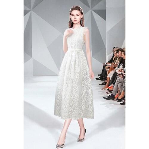 2020 New Summer Dresses Office Lady A-Line Lace Ankle-Length Empire Sleeveless Womens Elegant Dresses Solid O-Neck Lady Dresses