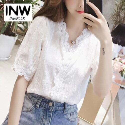2019 New Arrival Women Tops Summer Lace Blouse Women Korean Fashion V-neck Short Sleeve Shirt Femme Large Size Blusas Mujer