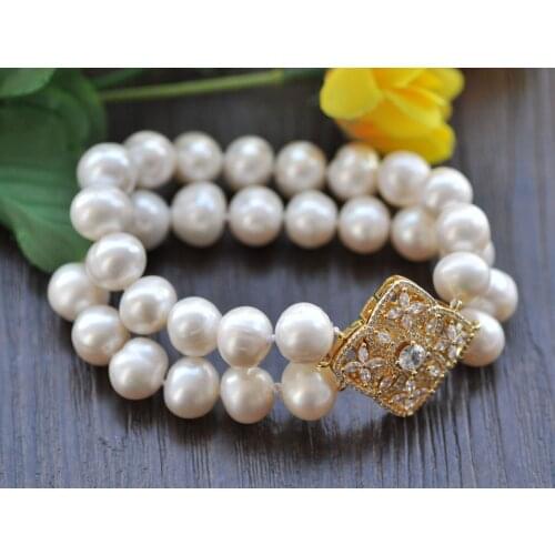 P7530 2Row 14mm Round White Freshwater Pearl Bracelet CZ Button women
