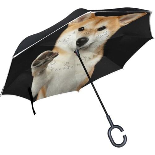 C Handle Windproof Reverse Shiba Inu Umbrella Man Women Rain Car Inverted Umbrellas Double Layer Anti UV Self Stand Parapluie